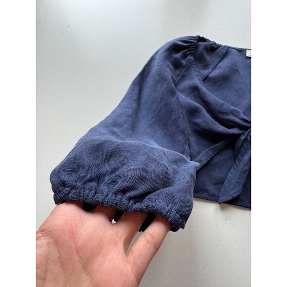 Aritzia WILFRED Venus Navy Blue Linen Blend Front Tie Blouse Top, Size XS - Picture 8 of 11